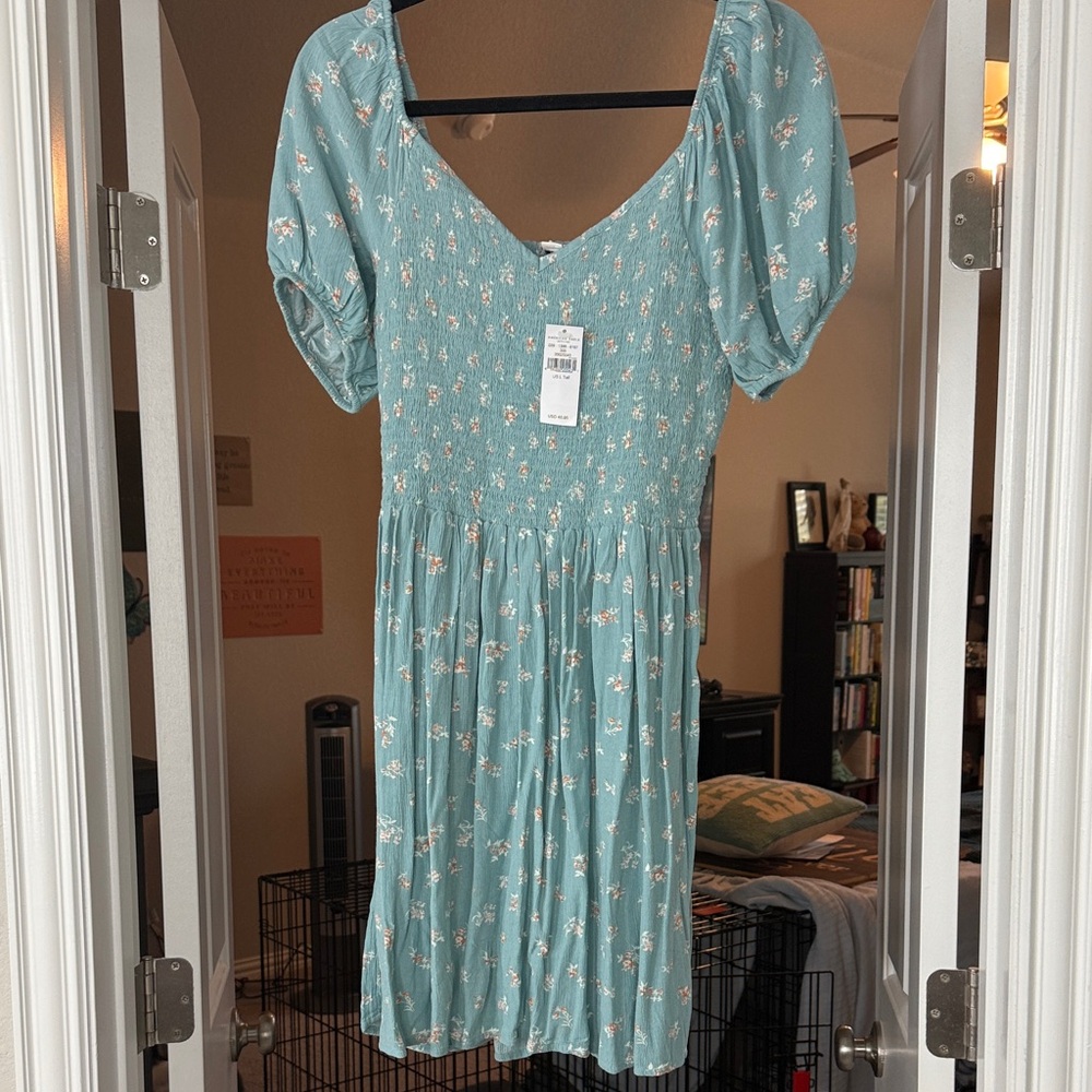 NWT AE Floral Blue Mini Puff Sleeve Dress Size LTall